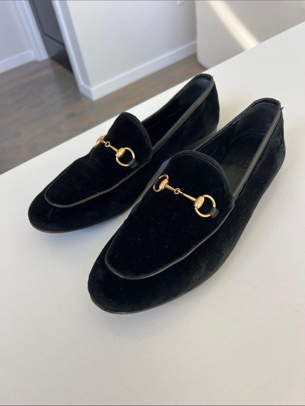 Gucci brixton black velvet gold tone horsebit loafers 39